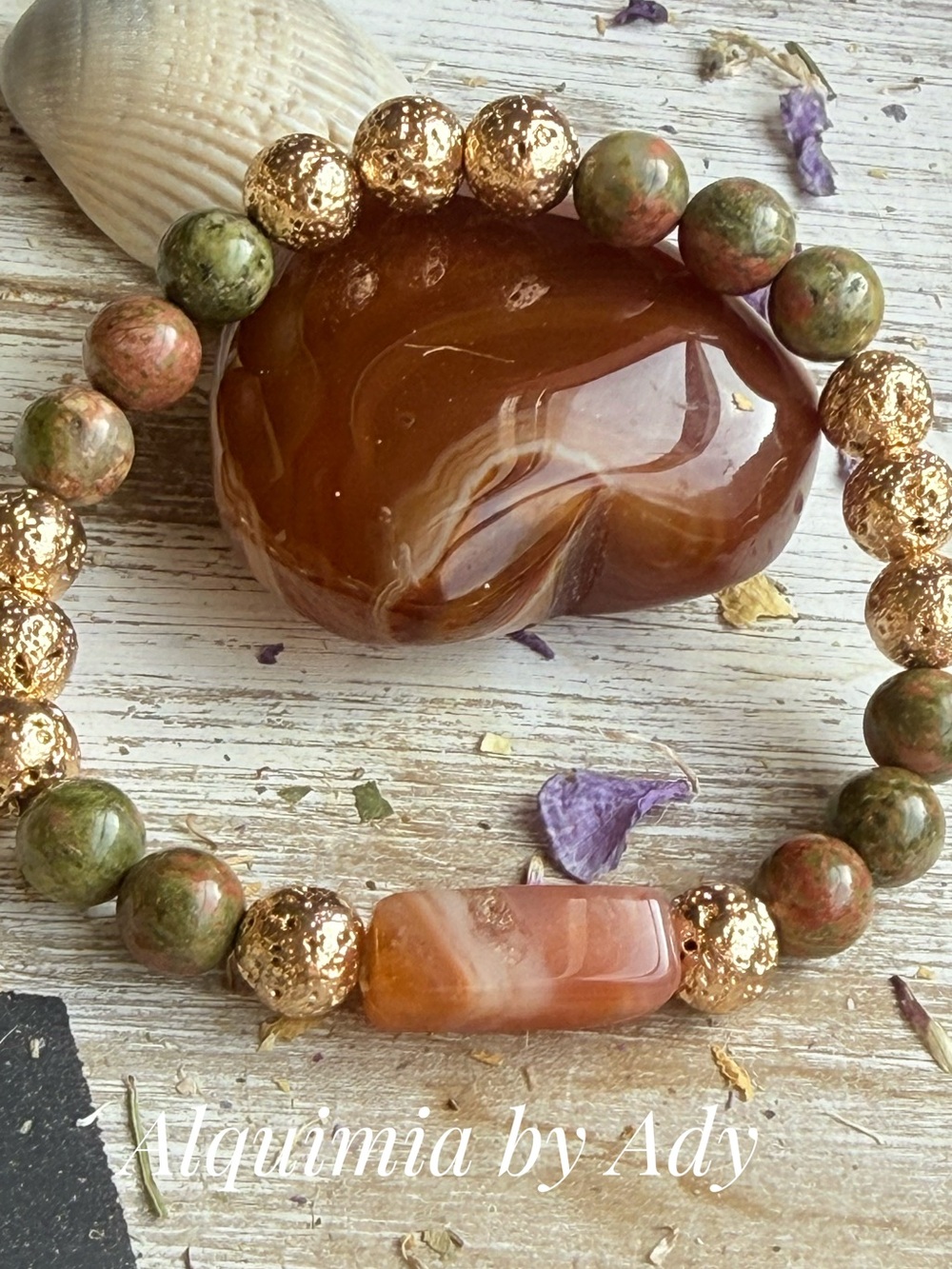Olive Green and carnelian Stone Stretch Bracelet with Gold Accents